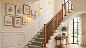 Elegant staircase with a decorated wall featuring framed art, sconces, and molding in a bright modern home