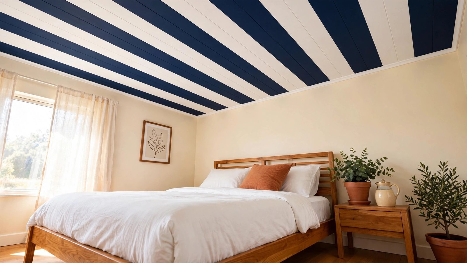 Striped ceiling paint ideas showing a small bedroom with bold navy and white wide stripes on the ceiling and warm cream walls