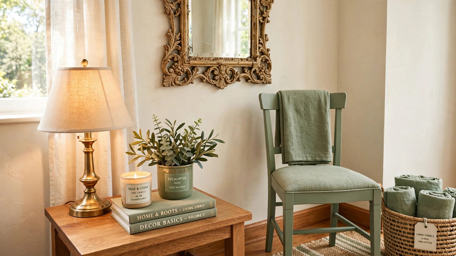Thrift store decor ideas showing a styled living room corner with a carved vintage mirror, painted side chair and brass lamp in warm cream and sage tones