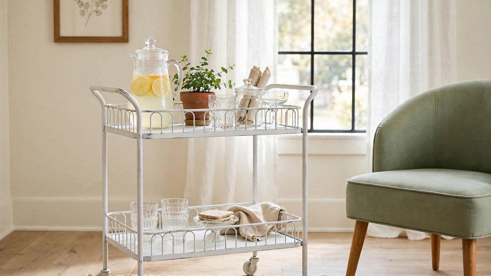 Thrifted bar cart makeover ideas under fifty dollars shown in a bright styled living room