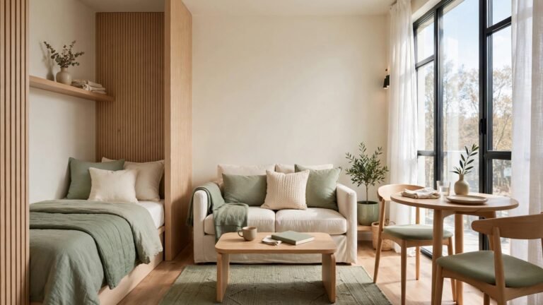 Tiny studio apartment layout ideas showing a bright one-room studio with separate sleeping, living, and dining zones in warm cream and sage green tones