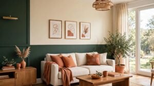 Two tone wall paint ideas showing a stylish living room with walls painted in two colors, dark green on the lower half and warm cream on the upper half