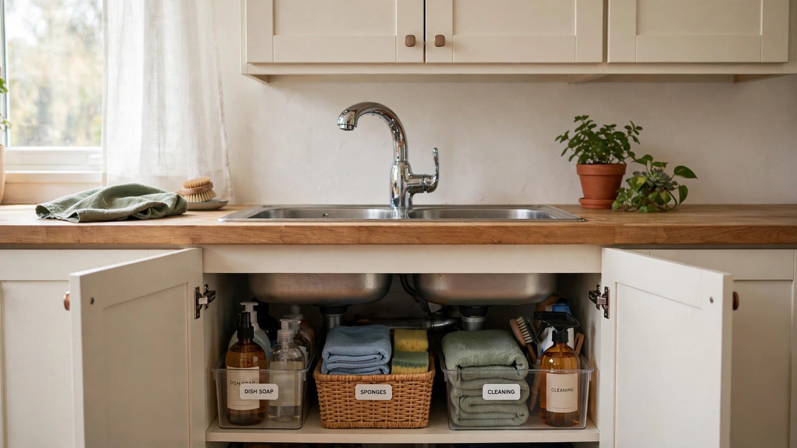 Under sink organization ideas — bright modern kitchen with organized cabinet