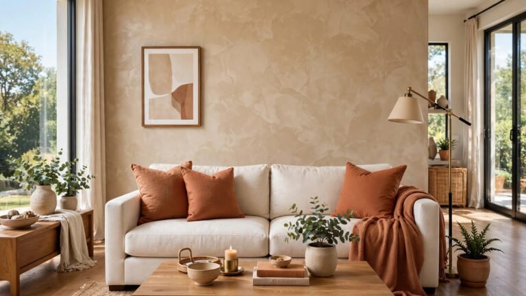 Elegant living room with Venetian plaster accent wall in warm neutral tones, showing the smooth polished luxury finish