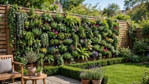 Backyard with a lush vertical garden living wall on a wooden fence full of plants and flowers in daylight