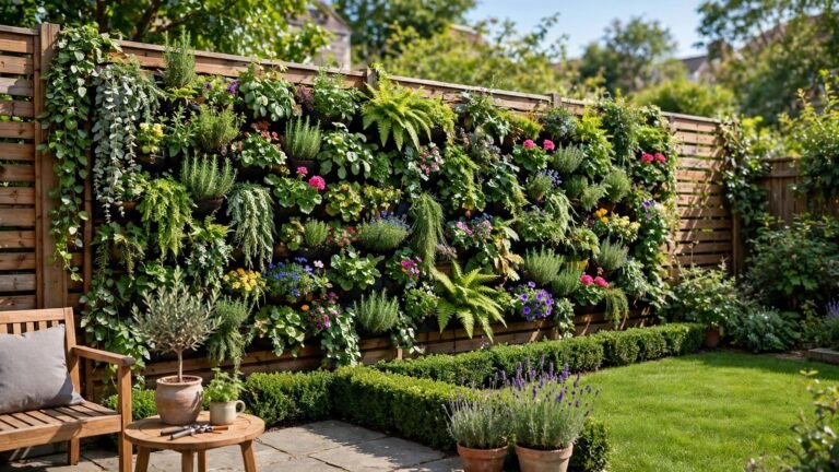 Backyard with a lush vertical garden living wall on a wooden fence full of plants and flowers in daylight