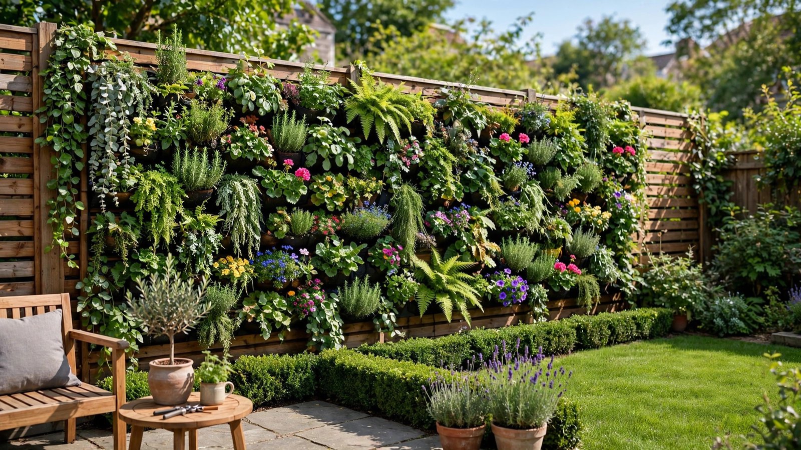 Backyard with a lush vertical garden living wall on a wooden fence full of plants and flowers in daylight
