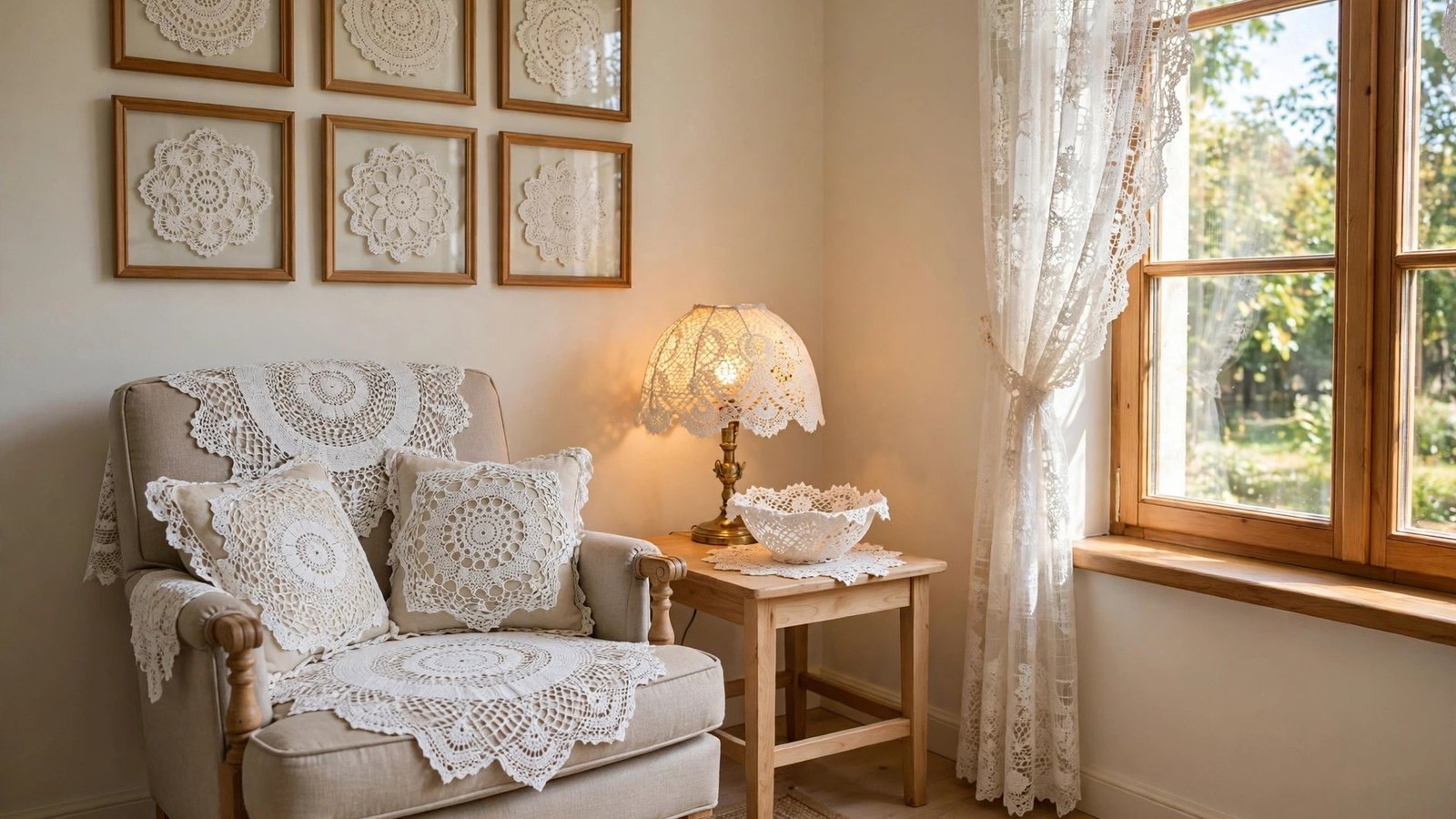 Cozy grandma-core living room styled with vintage doily decor accents in warm daylight