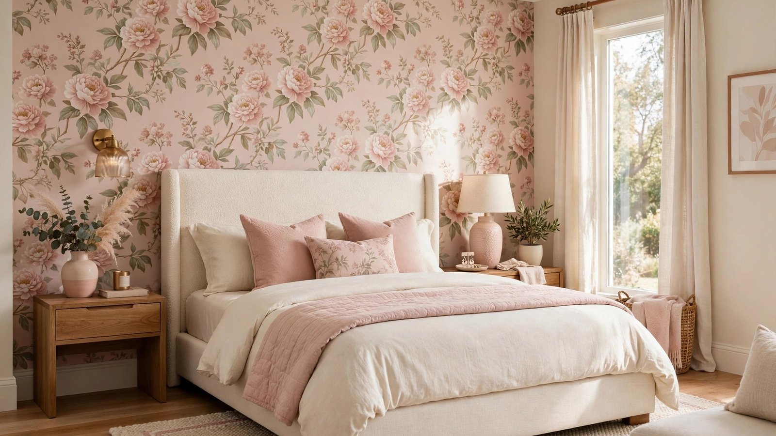 Elegant bedroom with a statement floral wallpaper accent wall behind a stylish upholstered bed
