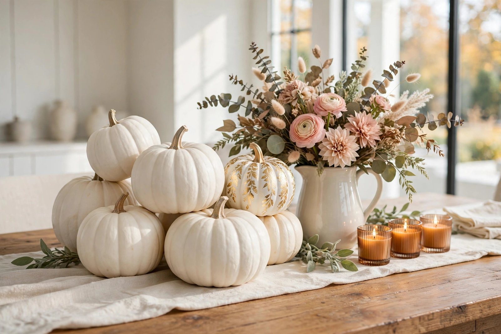 Elegant fall vignette with stacked white pumpkins, a gold leaf pumpkin, blush florals and amber candles on a warm wood table