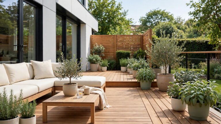 Modern wooden backyard deck with warm boards, cream cushions and sage green plants in bright daylight.