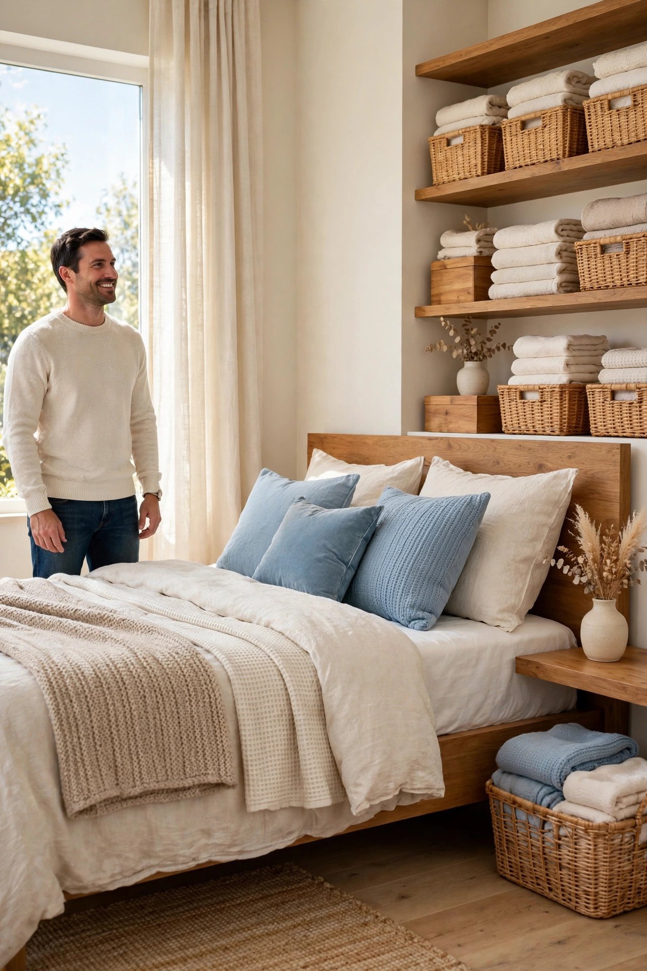 Bed with layered bedding in mixed textures and warm tones