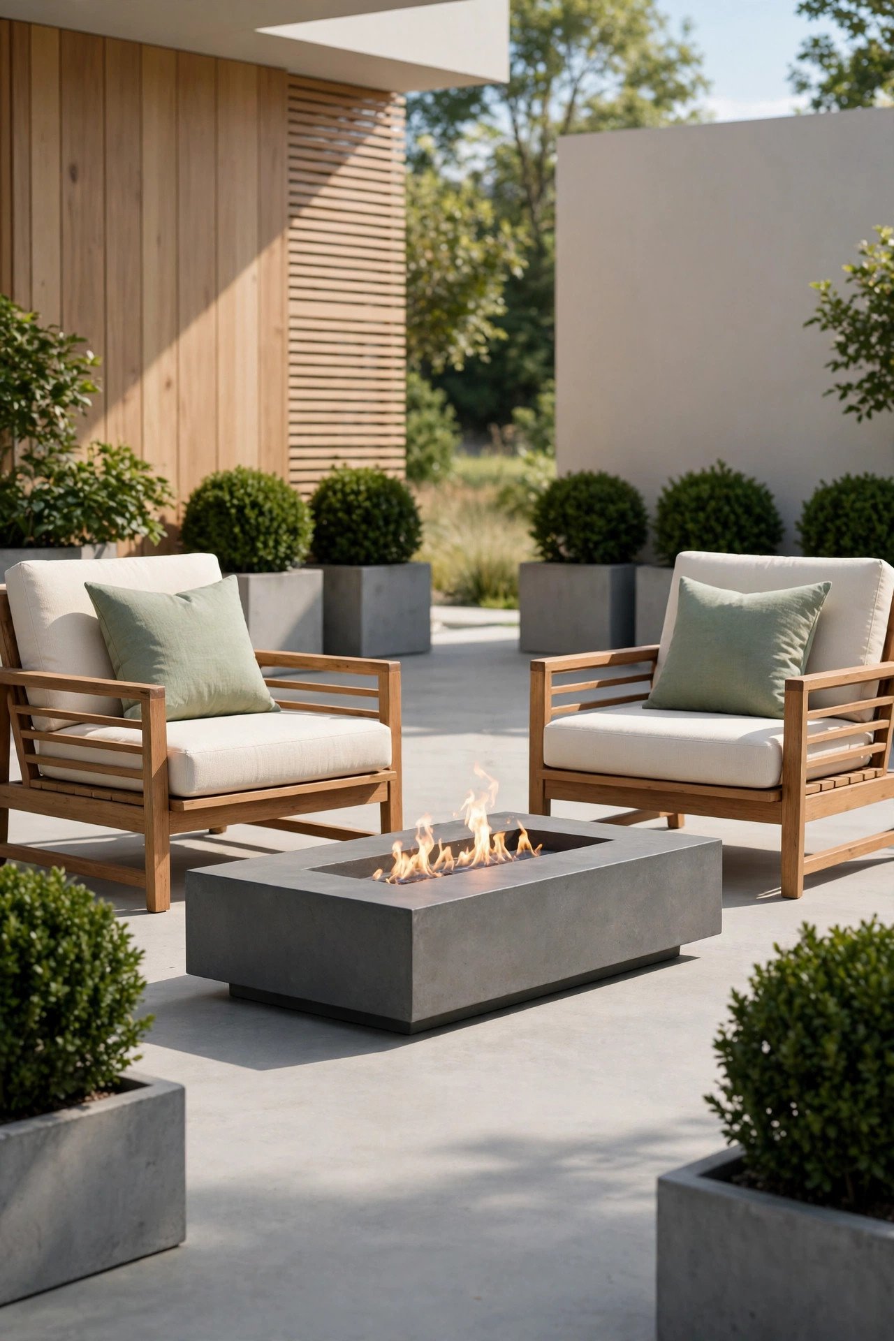 Modern rectangular concrete fire pit with sage green cushions on a patio