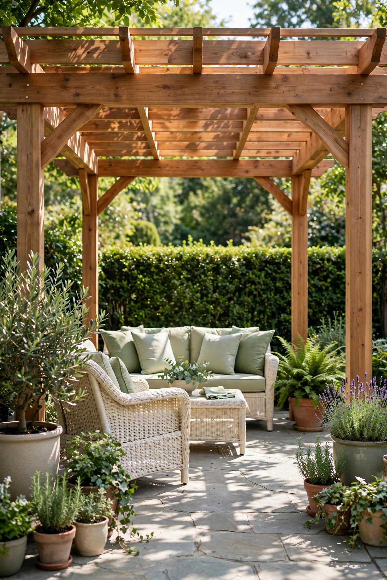 Natural cedar pergola with sage green cushions over a stone patio