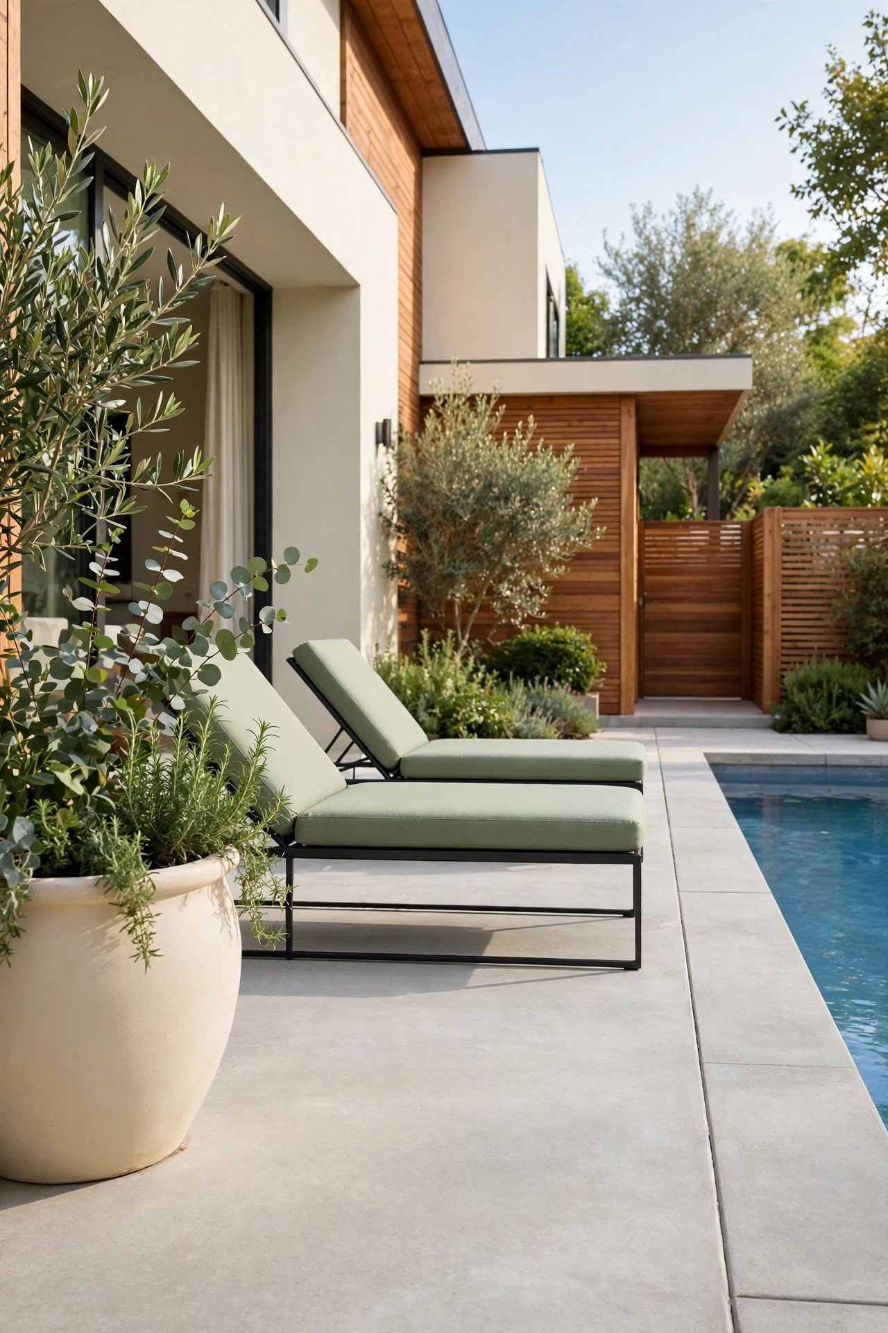 Modern concrete pool deck with clean lines and lounge chairs