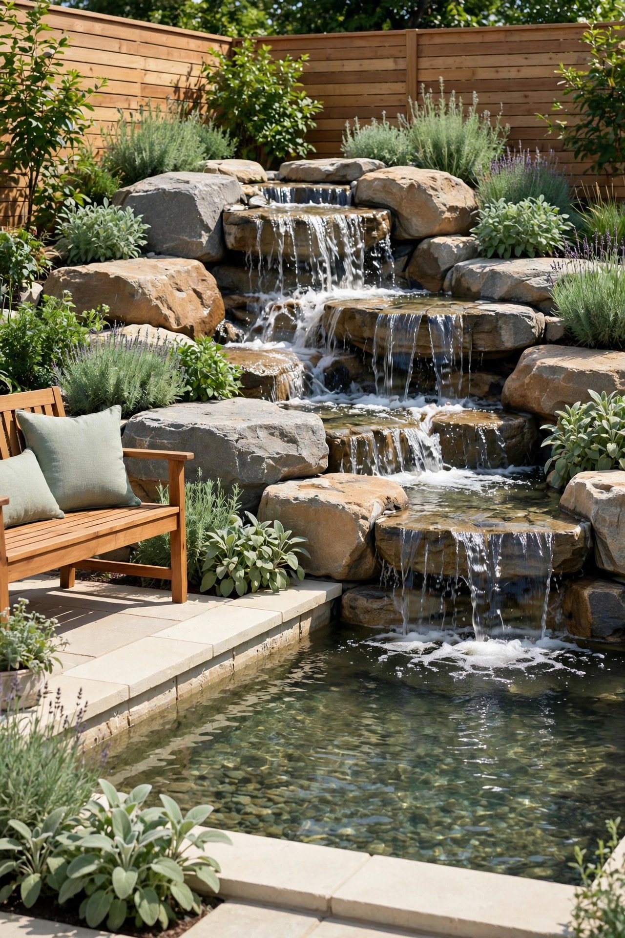 Natural rock waterfall cascading over stones into a pond