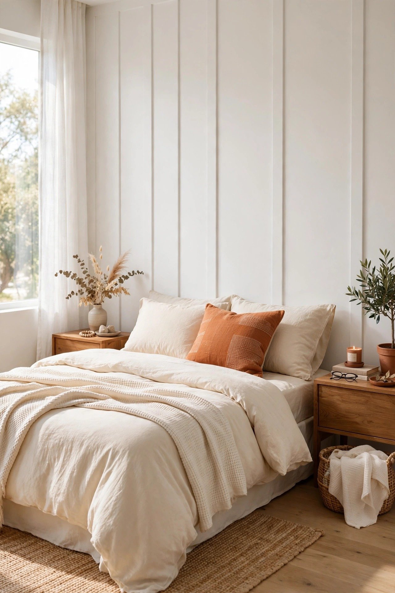 White board and batten accent wall behind a bed with soft cream bedding and warm wood nightstands