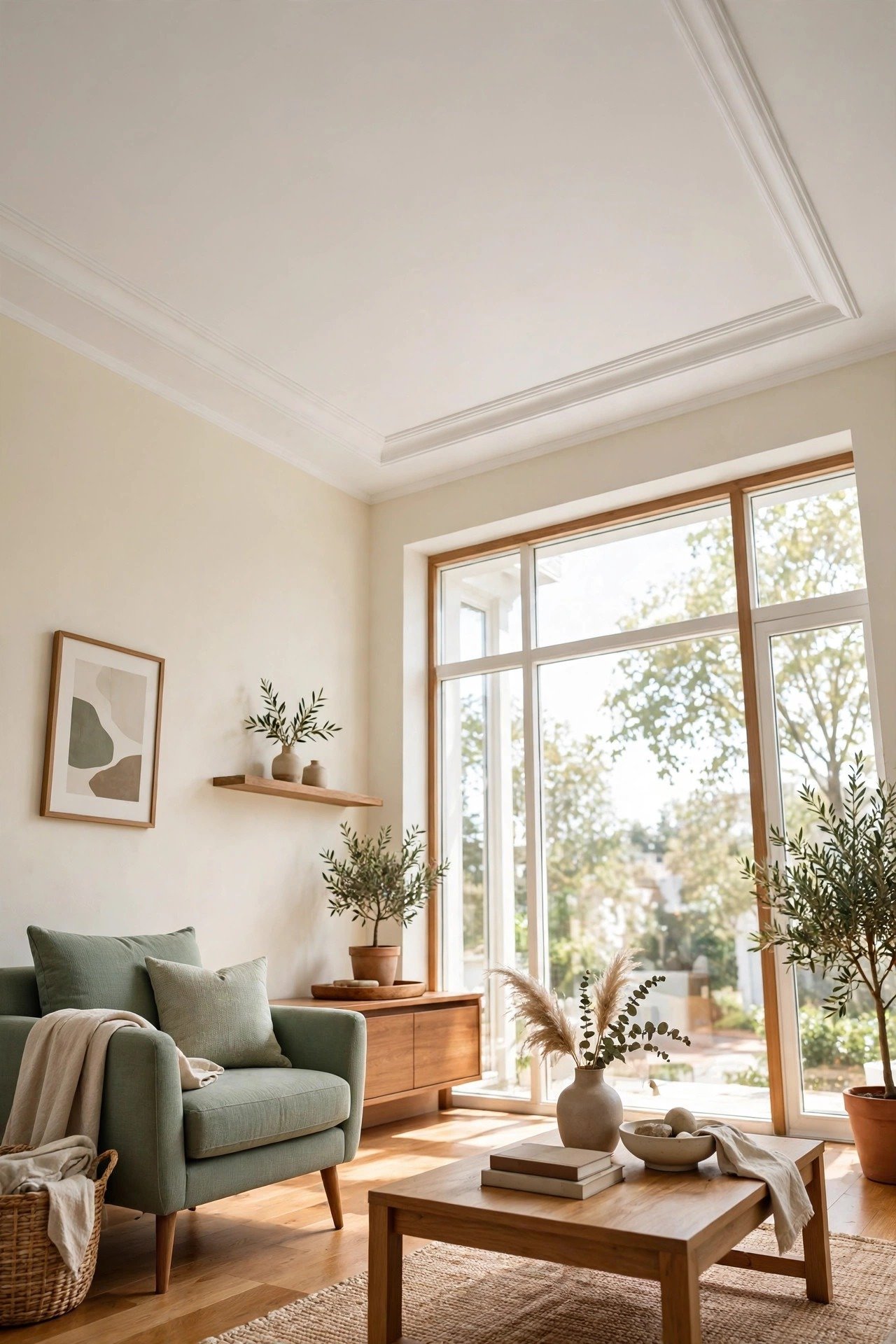 White ceiling with a simple gypsum border frame running along the edges, adding clean definition to a bright living room
