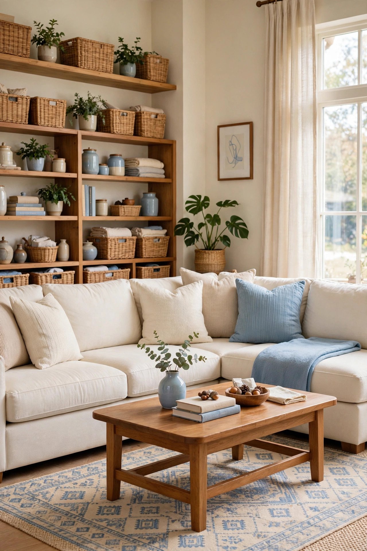 Creamy sectional sofa layered with tonal cushions and a patterned rug