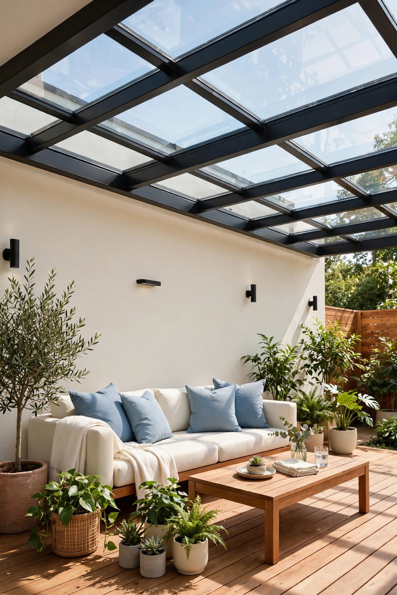 Covered patio with clear skylight roof panels and cozy outdoor seating