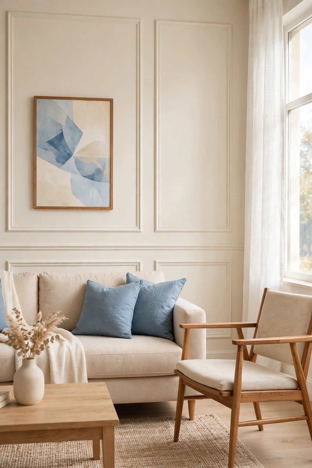 Cream living room wall with soft neutral picture-frame molding panels behind a plush beige sofa and wooden chair