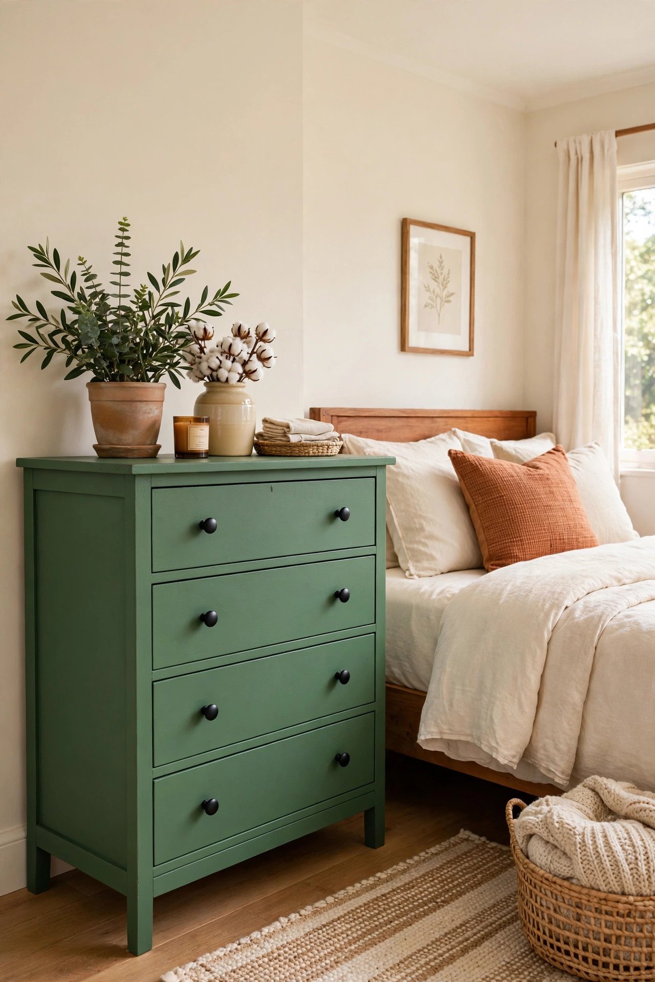 DIY furniture makeover with an old dresser painted sage green with new knobs in a bedroom