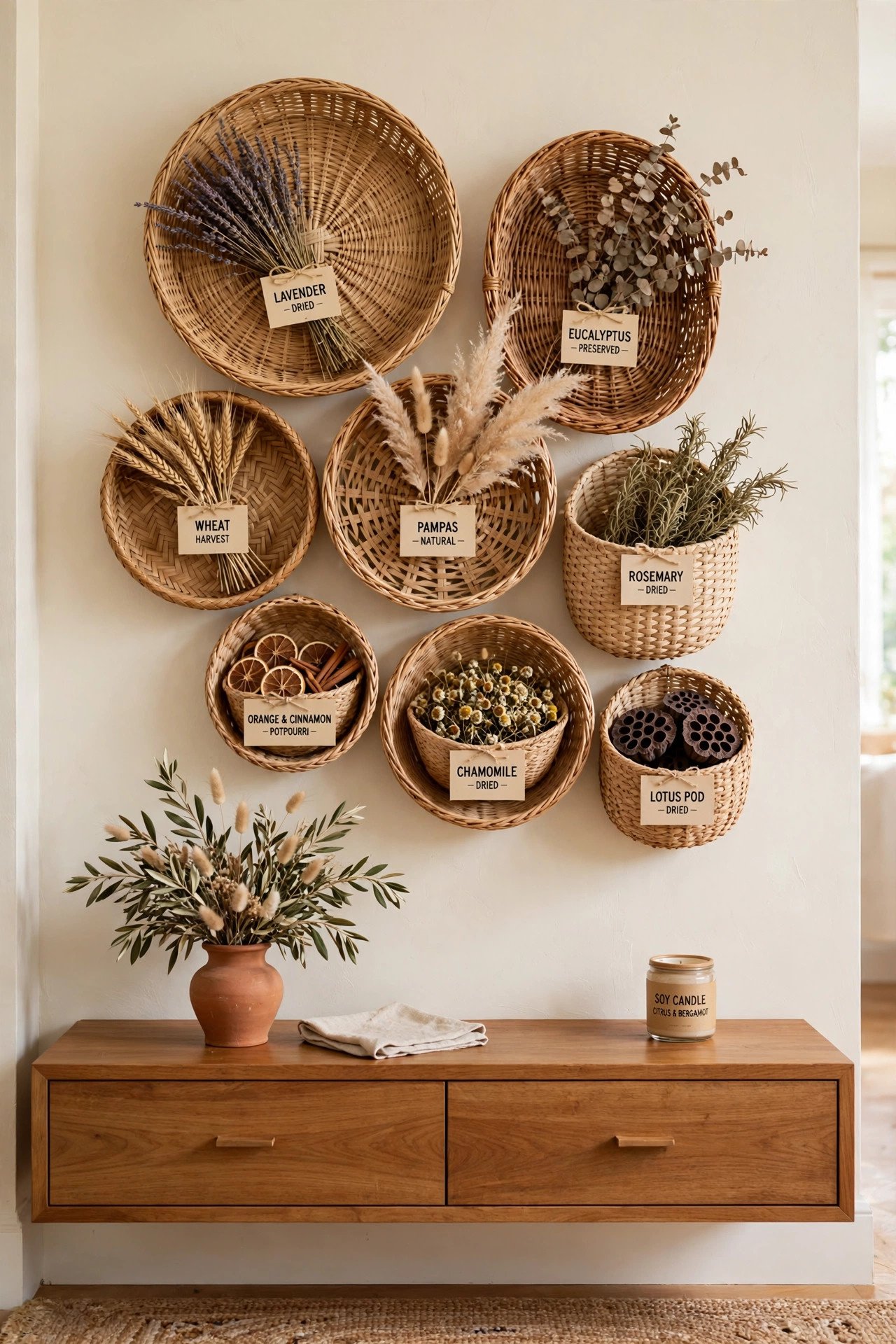 Dollar store decor idea with a cluster of woven baskets hung on a cream wall as textured wall art