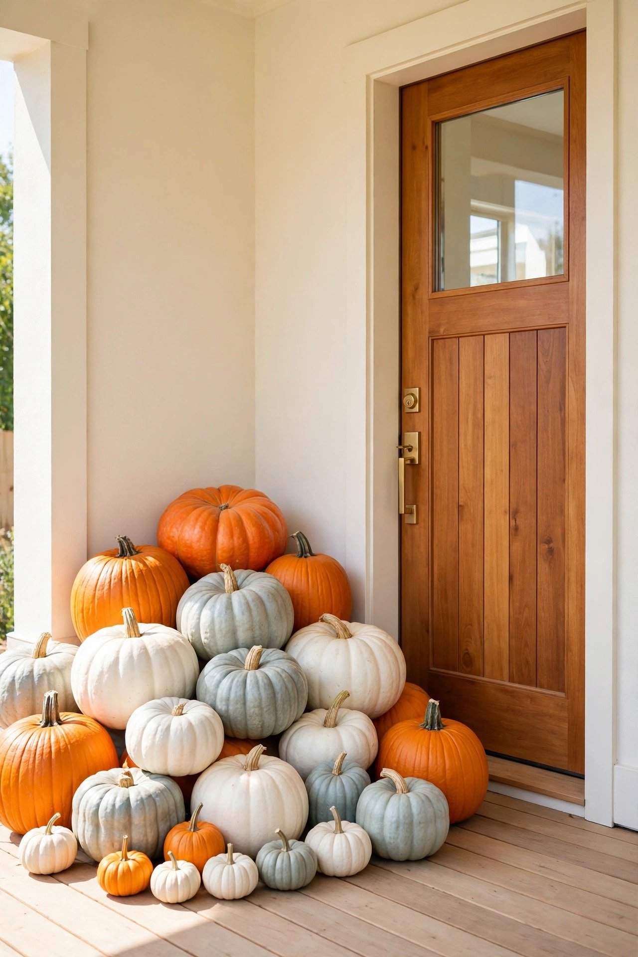 A pile of pumpkins in mixed sizes and colors stacked beside a front door on a clean fall porch