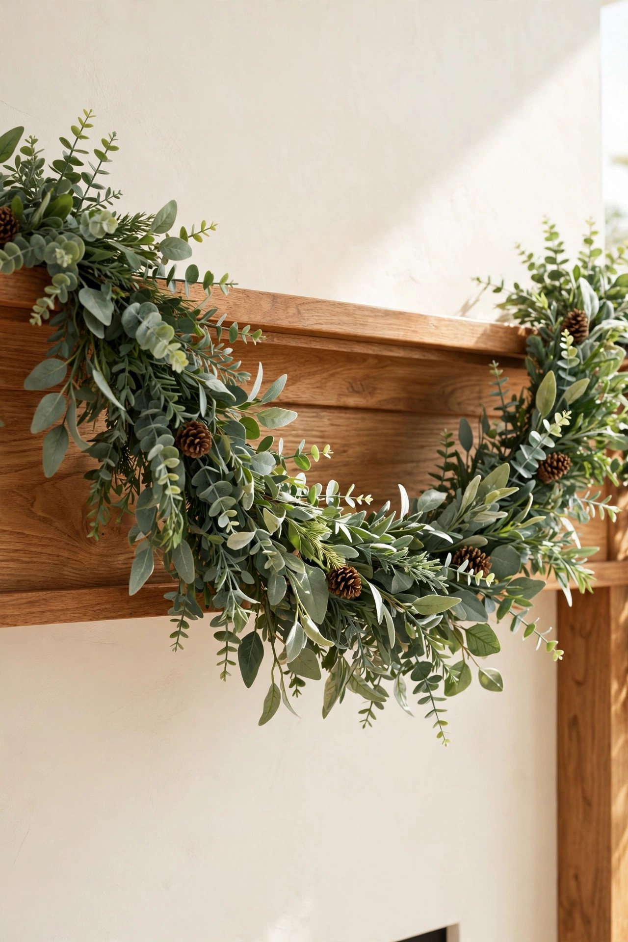 Eucalyptus garland draped with a soft dip across a wooden fireplace mantel, pinecones tucked into the greenery