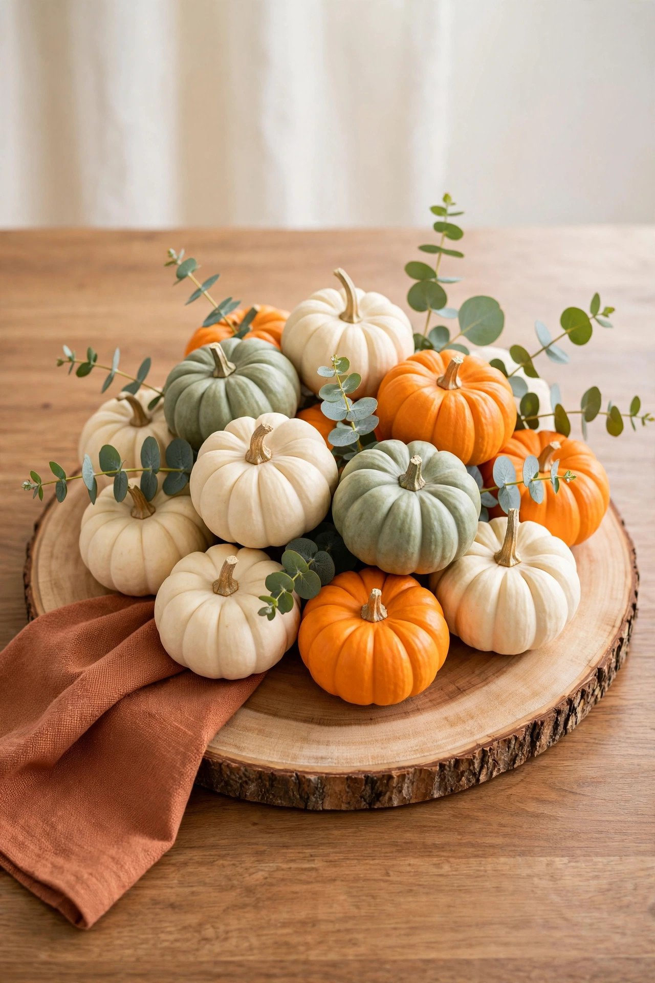 Mini pumpkins in cream and orange arranged on a round wood slice as a fall table centerpiece