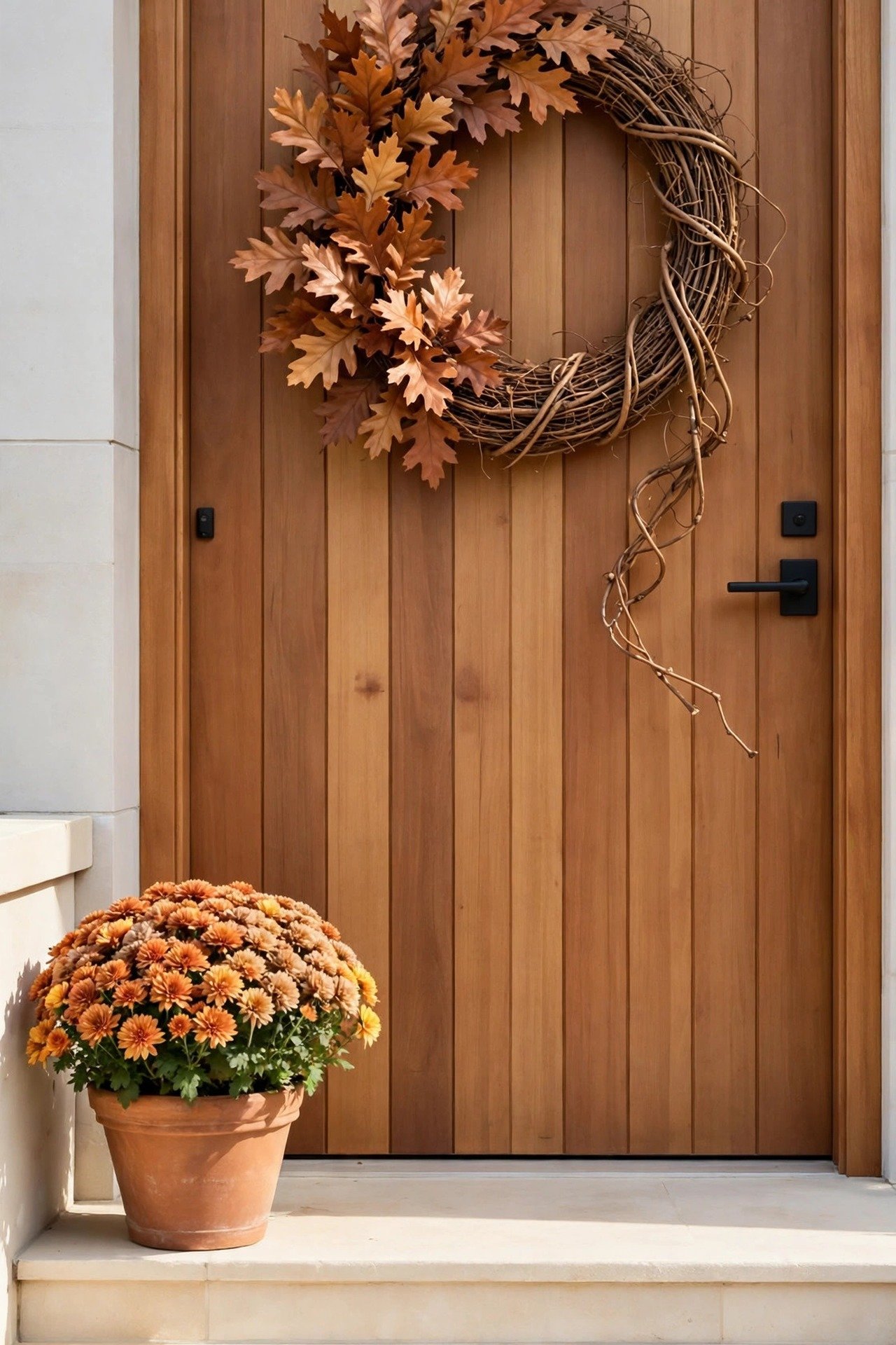 Asymmetric copper oak leaf wreath on an exposed grapevine base hanging on a warm wooden front door