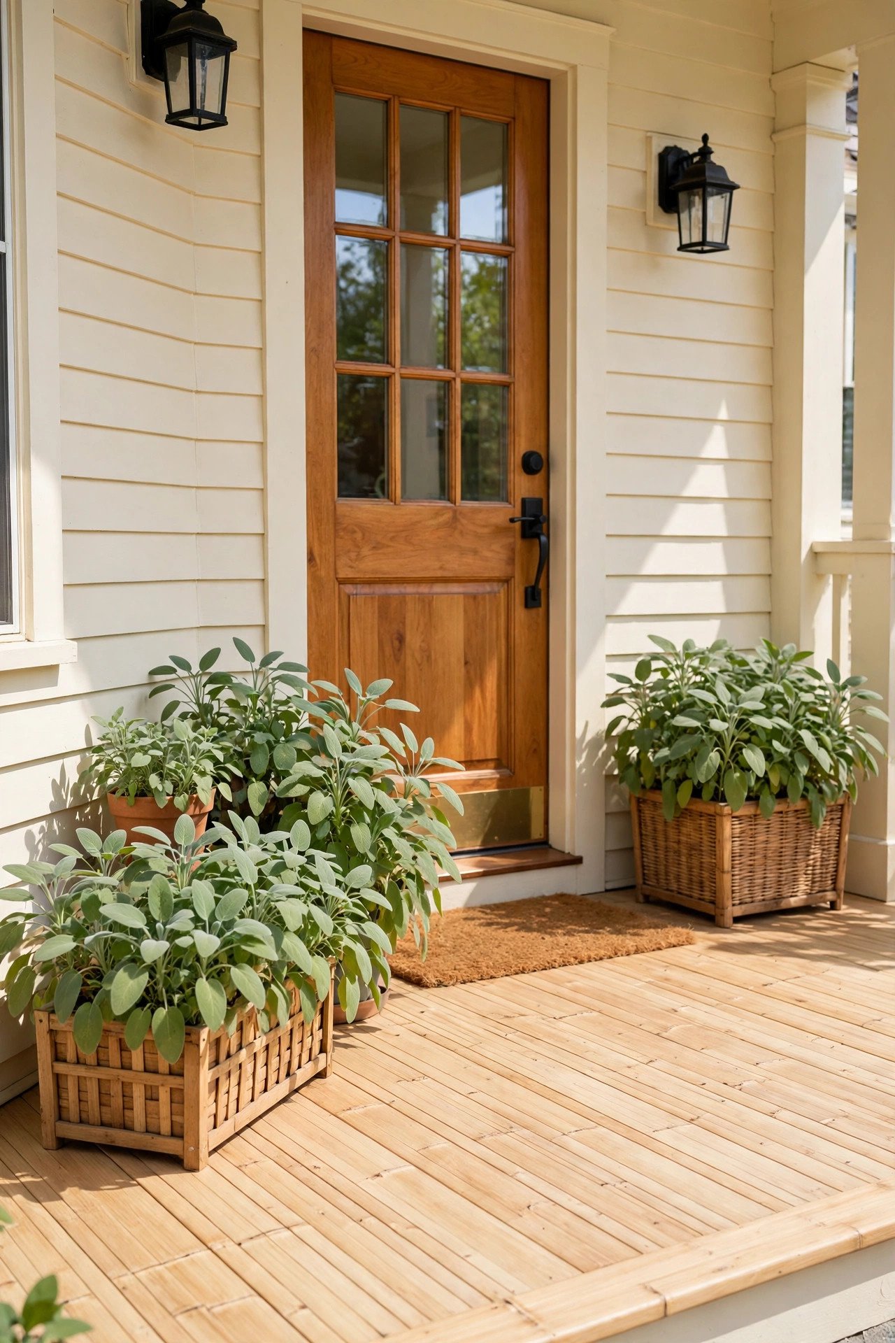 Front porch floor made of light bamboo planks with cream house siding