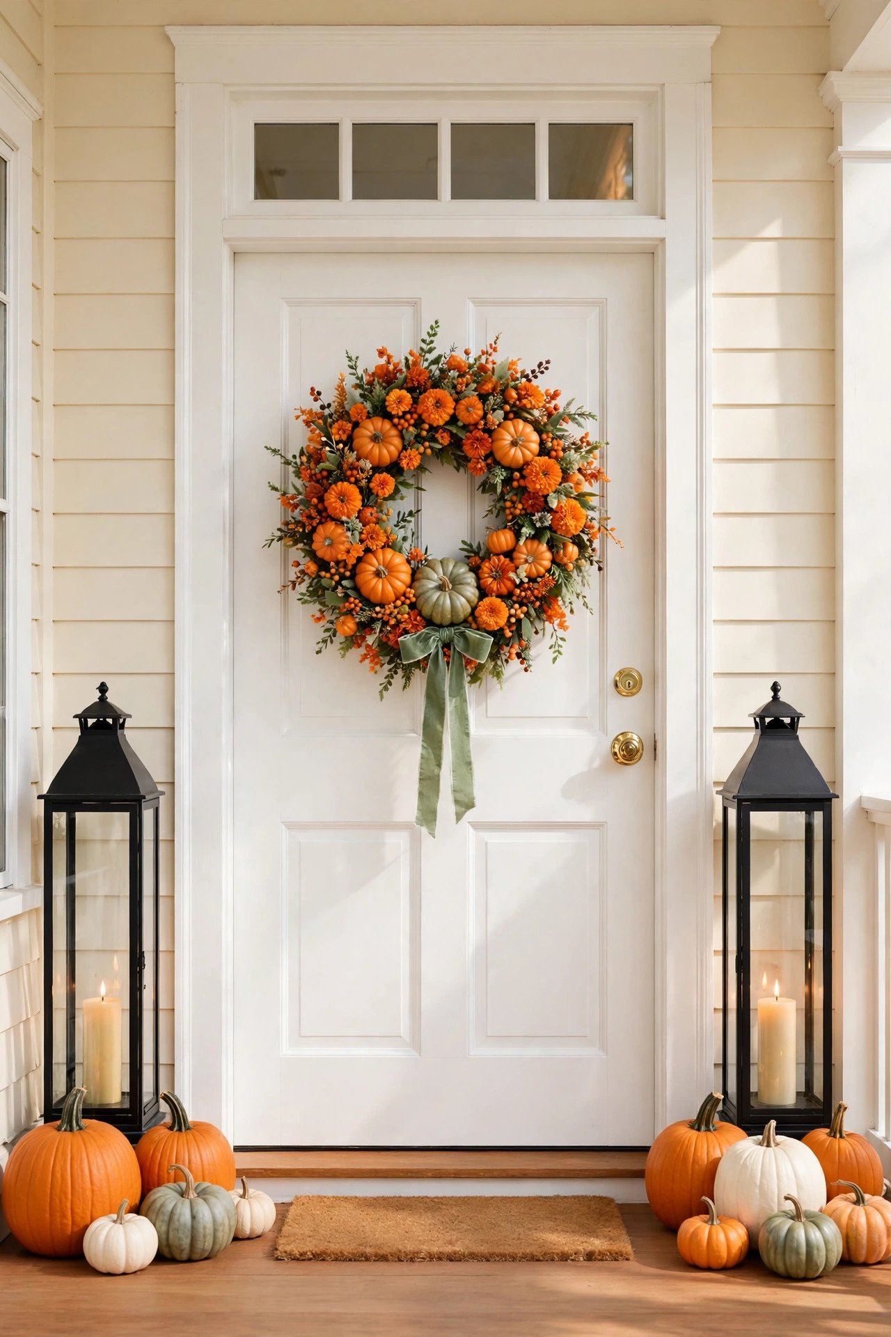 White front door with a harvest wreath of orange flowers and pumpkins, framed by two black lanterns