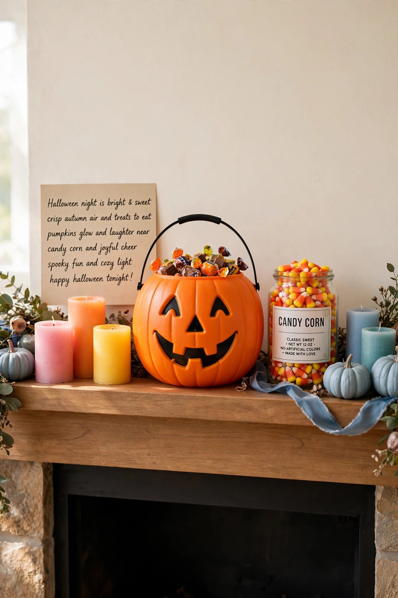 Fireplace mantel with a candy-bucket jack-o'-lantern, candy corn and bright candles