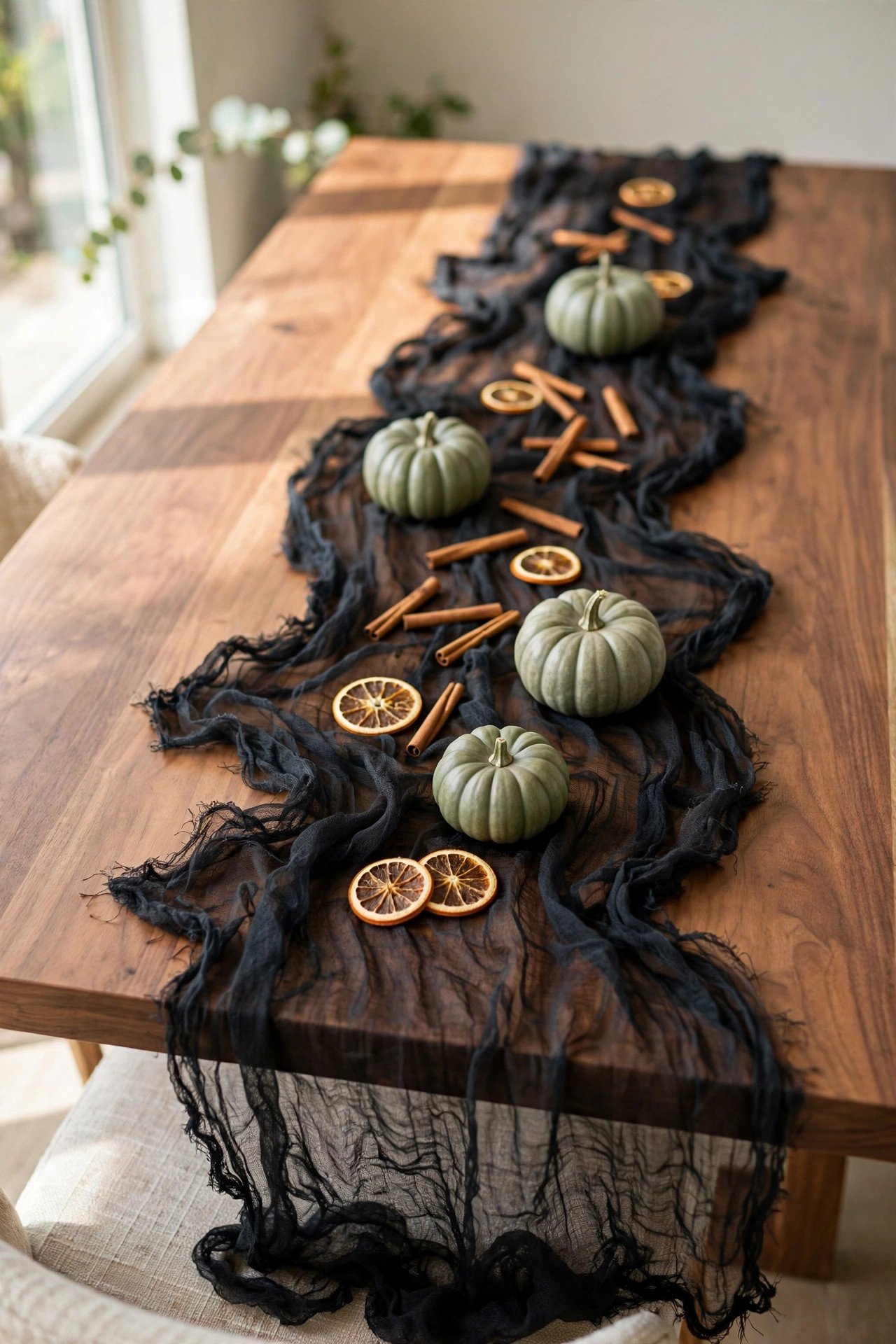 Dining table with layered black cheesecloth runner pooling at the edges in bright daylight