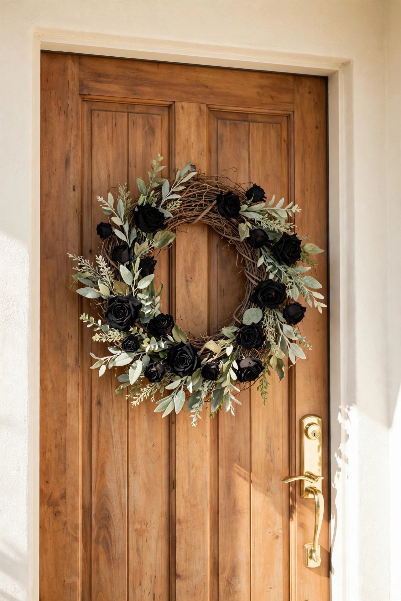 Halloween wreath of dried black roses tucked into a natural grapevine ring hanging on a wooden front door