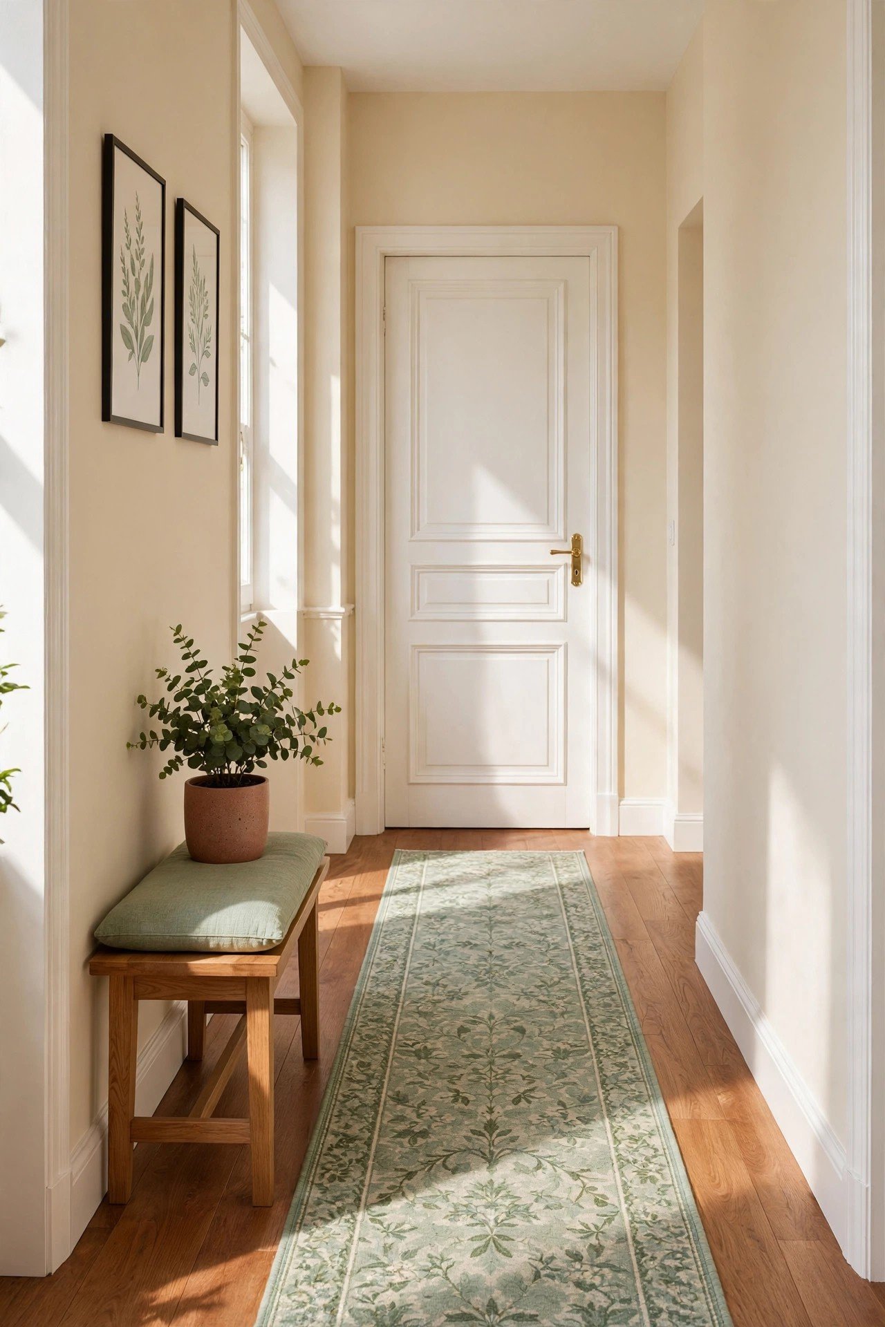 Classic white painted interior door with elegant panel details in a bright hallway