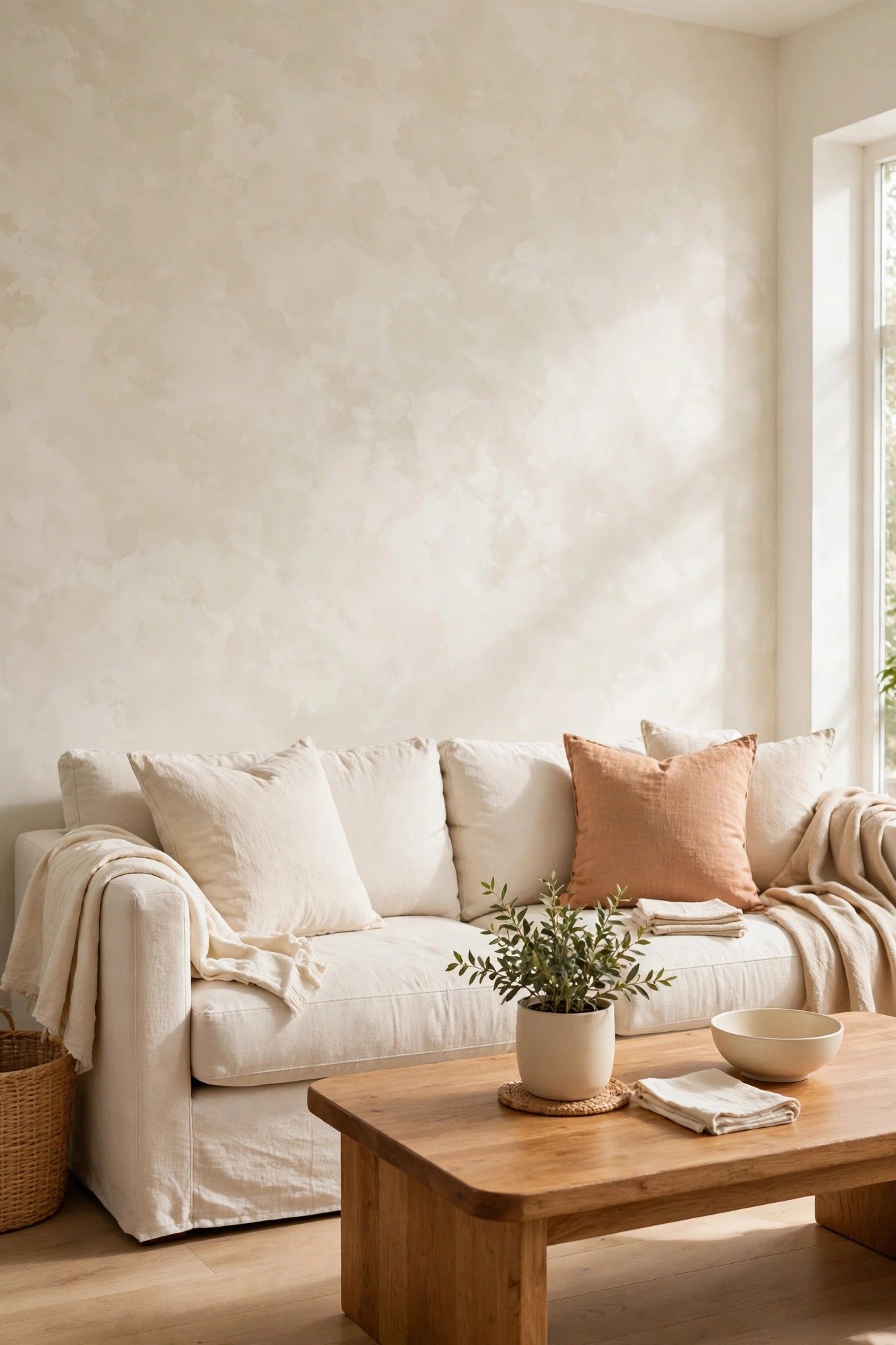 Warm white limewash wall with cloudy texture in a cozy living room with linen sofa and wooden coffee table