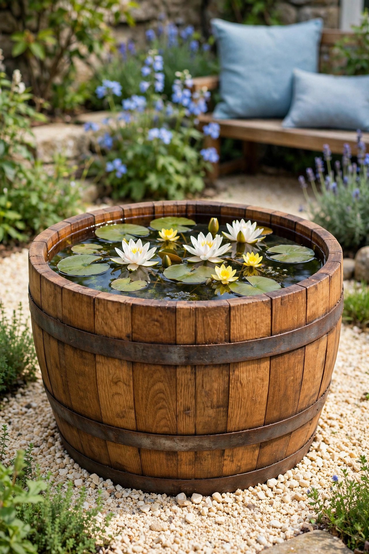 Whiskey barrel mini pond with blooming water lilies