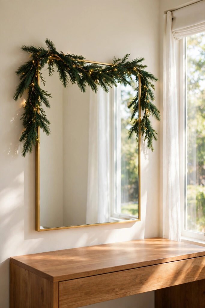 Mini pine garland with fairy lights draped over a mirror for rustic Christmas vanity decor