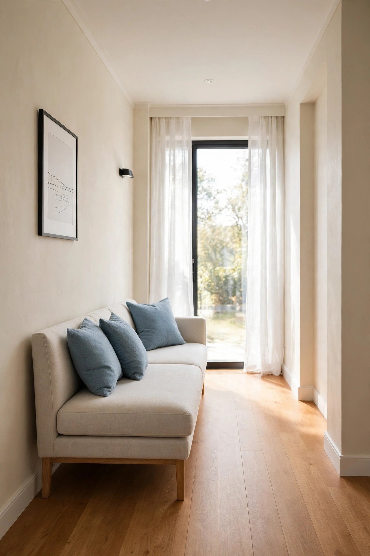Straight line sofa layout in a narrow living room with a slim sofa placed neatly along one wall leaving a clear walkway