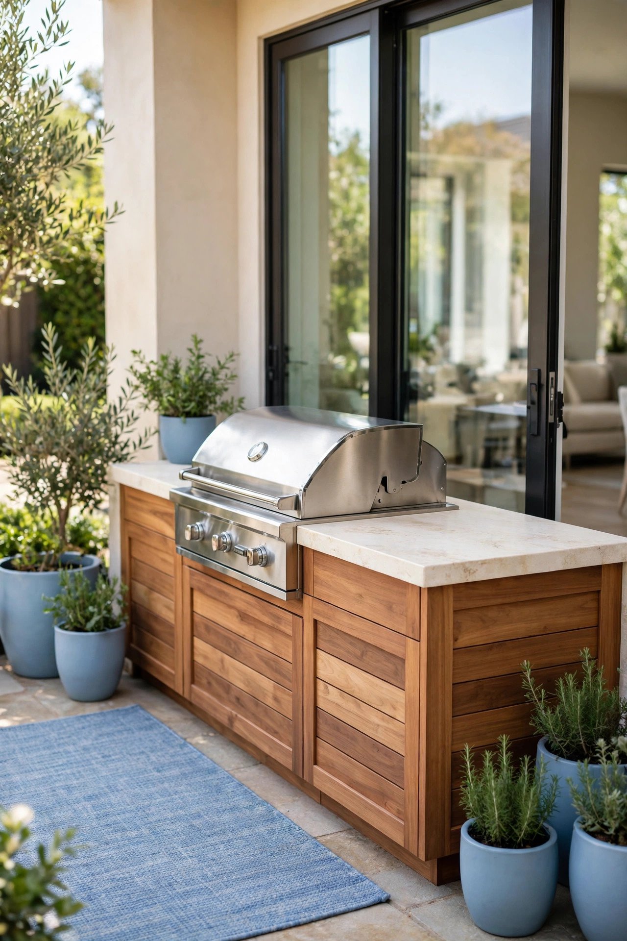 Outdoor kitchen with a built-in grill set close to the house back door