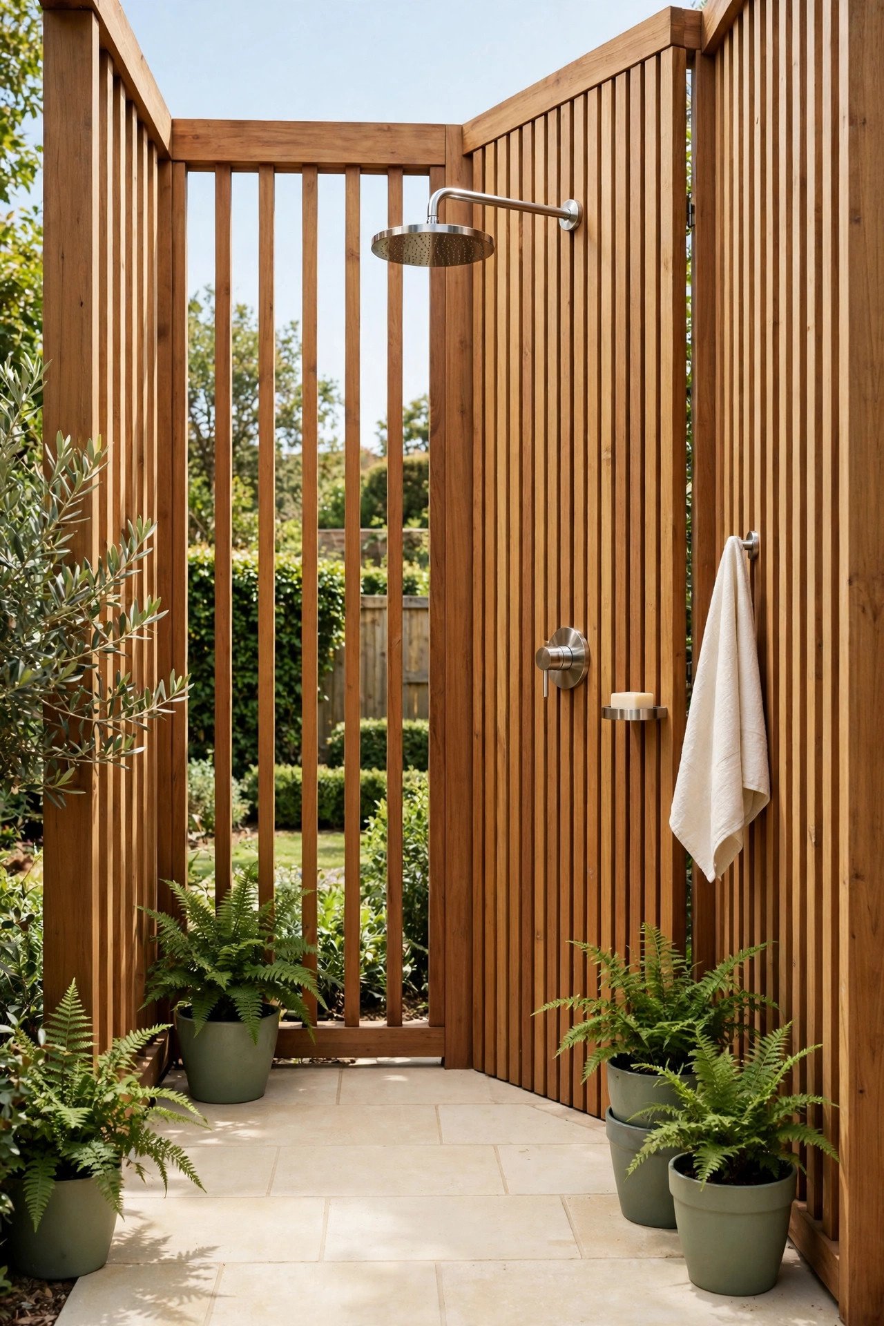 Outdoor shower with a warm teak wood enclosure and sage green plants in bright daylight