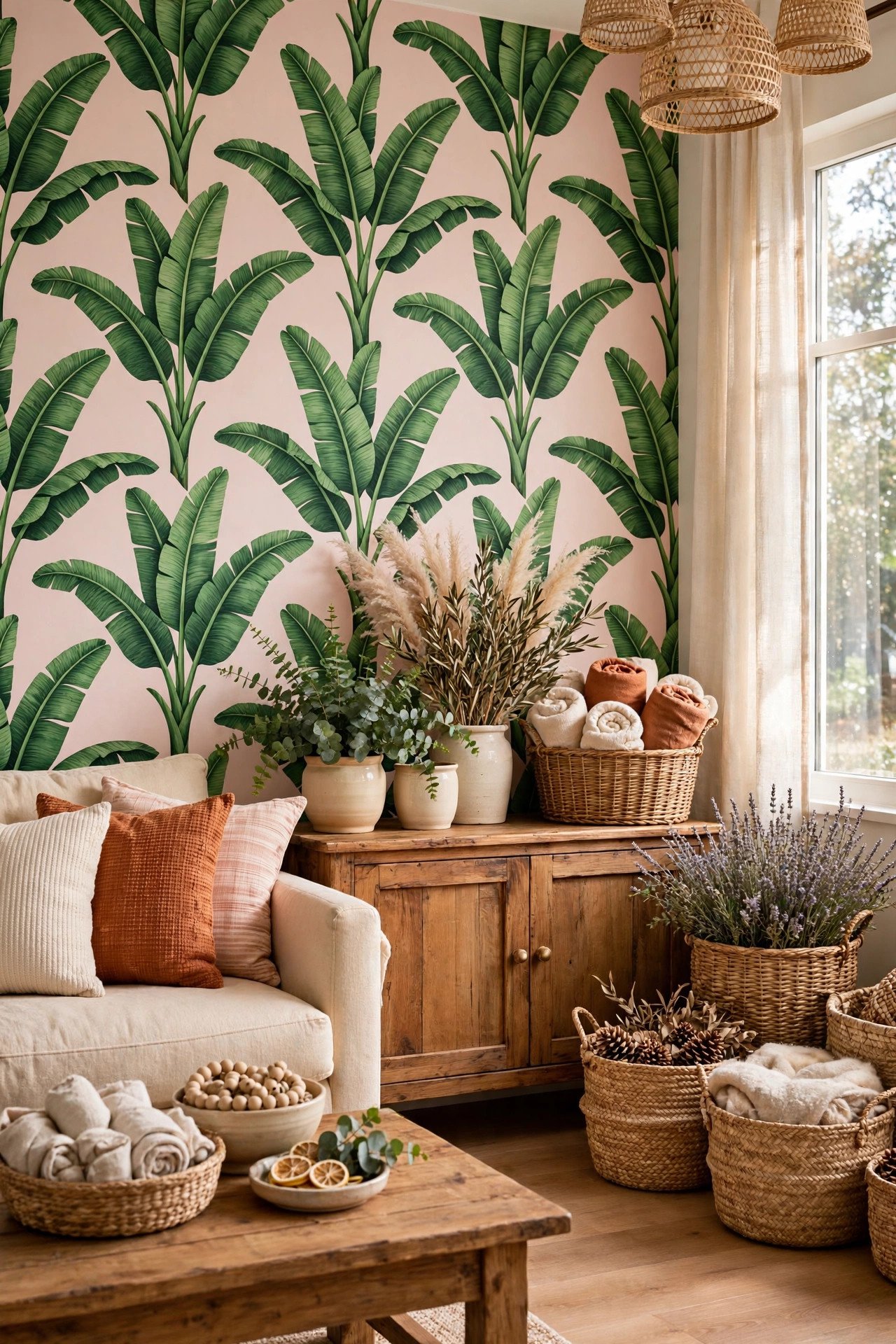 Peel and stick wallpaper idea with banana leaf print in green on a blush background in a living room