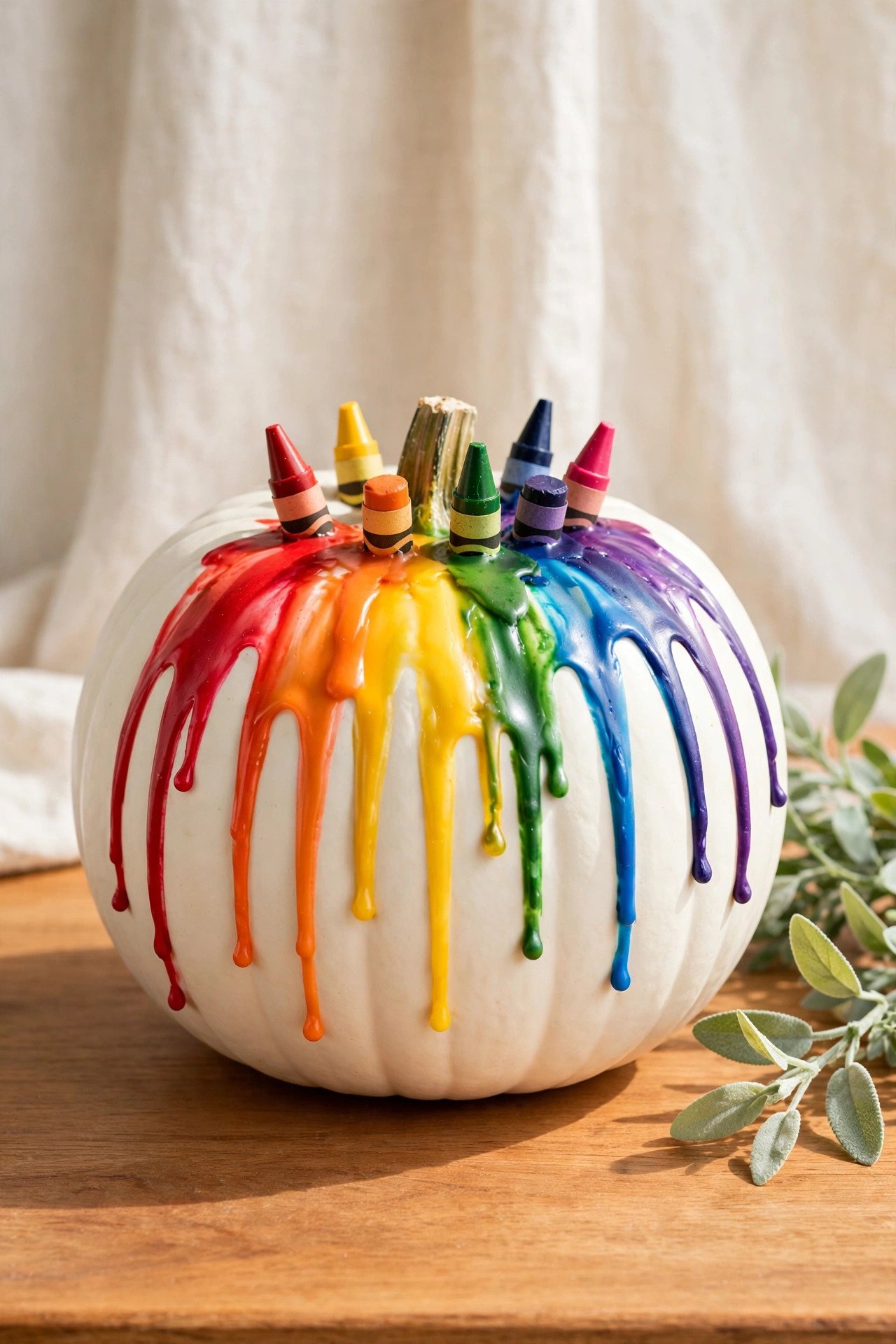 White pumpkin with colorful melted crayon wax dripping down the sides like a rainbow waterfall