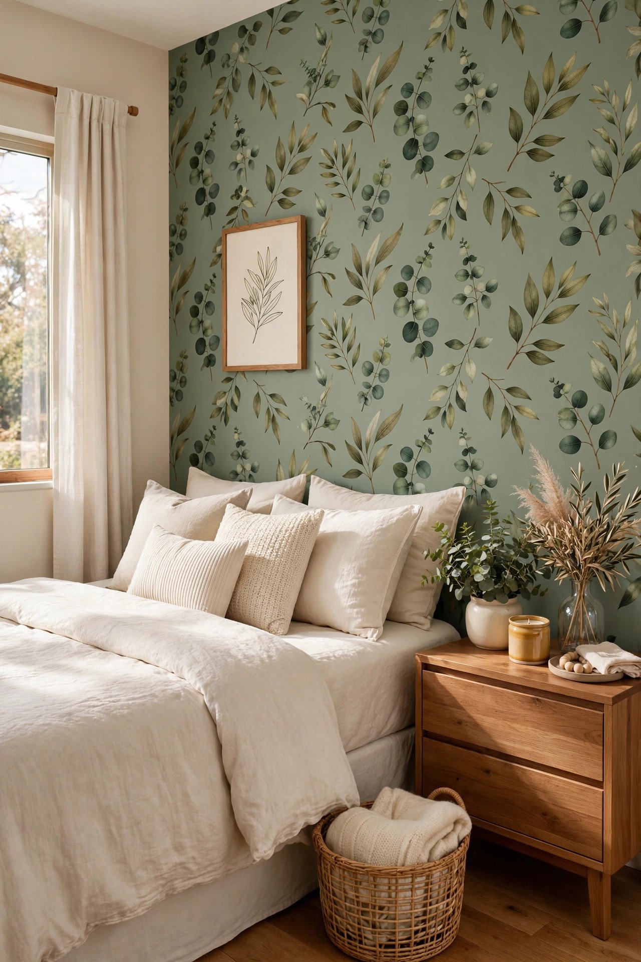 Rental friendly wall makeover with peel and stick botanical wallpaper on an accent wall in sage green tones