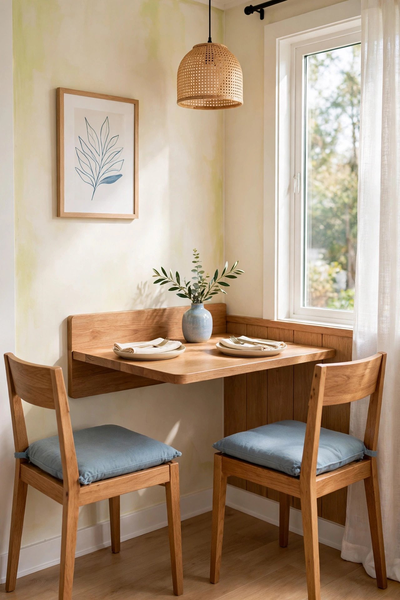 Small dining room layout ideas with a compact space saving dining table pushed against the wall in a tiny dining nook
