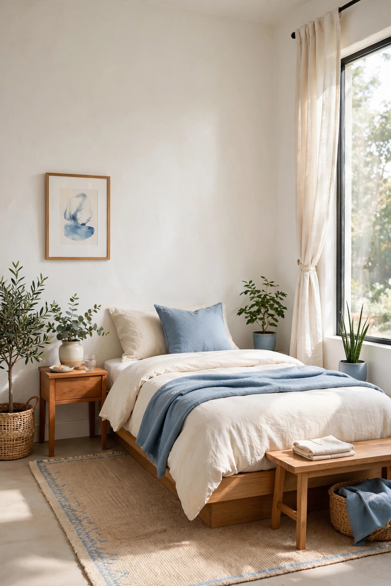Calm minimalist small guest room layout with a low platform bed, soft white walls, and a few simple plants