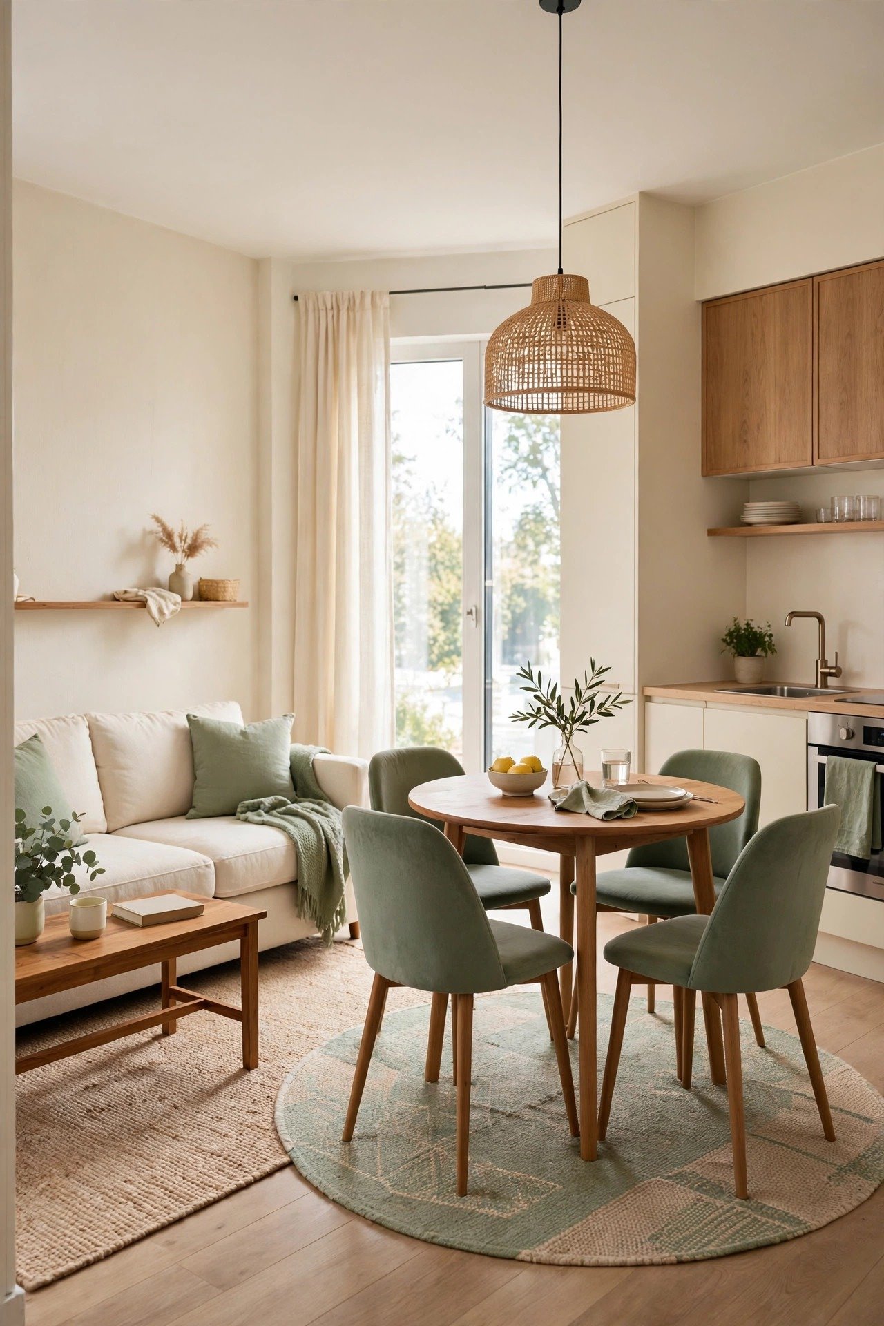 Small living dining combo layout with open flow, a sofa facing inward and a round dining table on a rug defining each zone in a bright studio