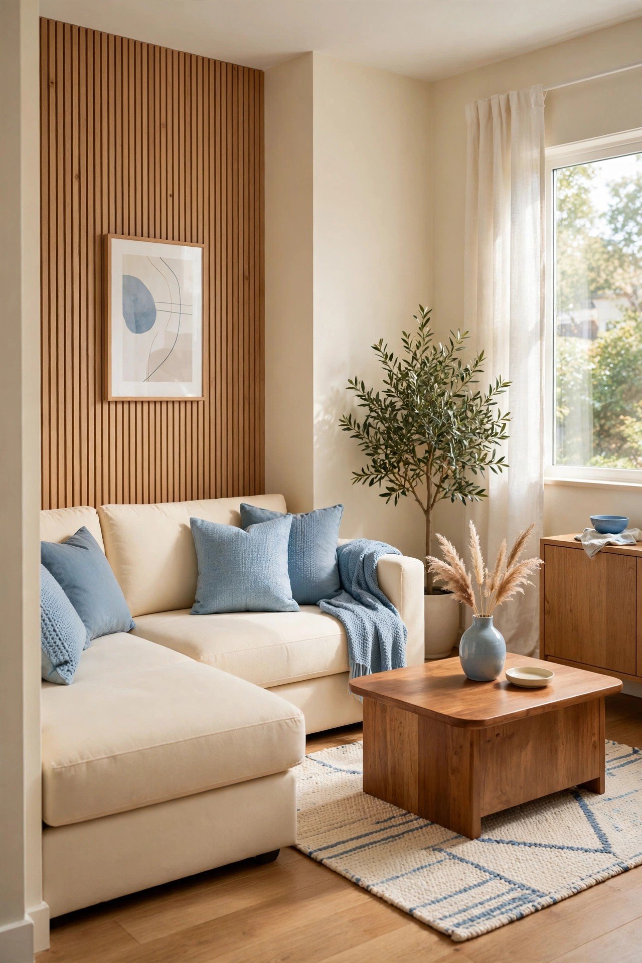 Small living room layout ideas with a cream L-shaped sofa tucked into the corner of a cozy living room
